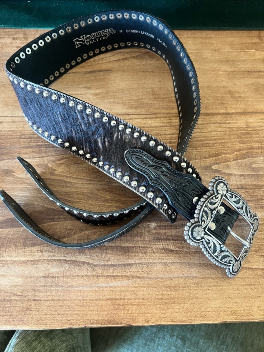 Vintage Nocona  Black Hair-On Leather Western Belt with Silver Ornate Buckle